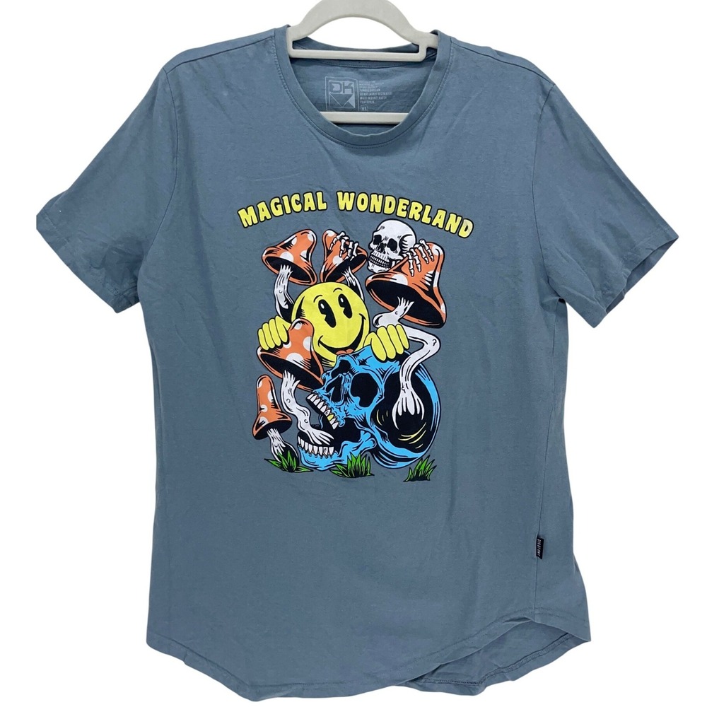 Dikotomy Blue Graphic T-Shirt XL Magical Wonderland Skull Mushroom Smiley Face